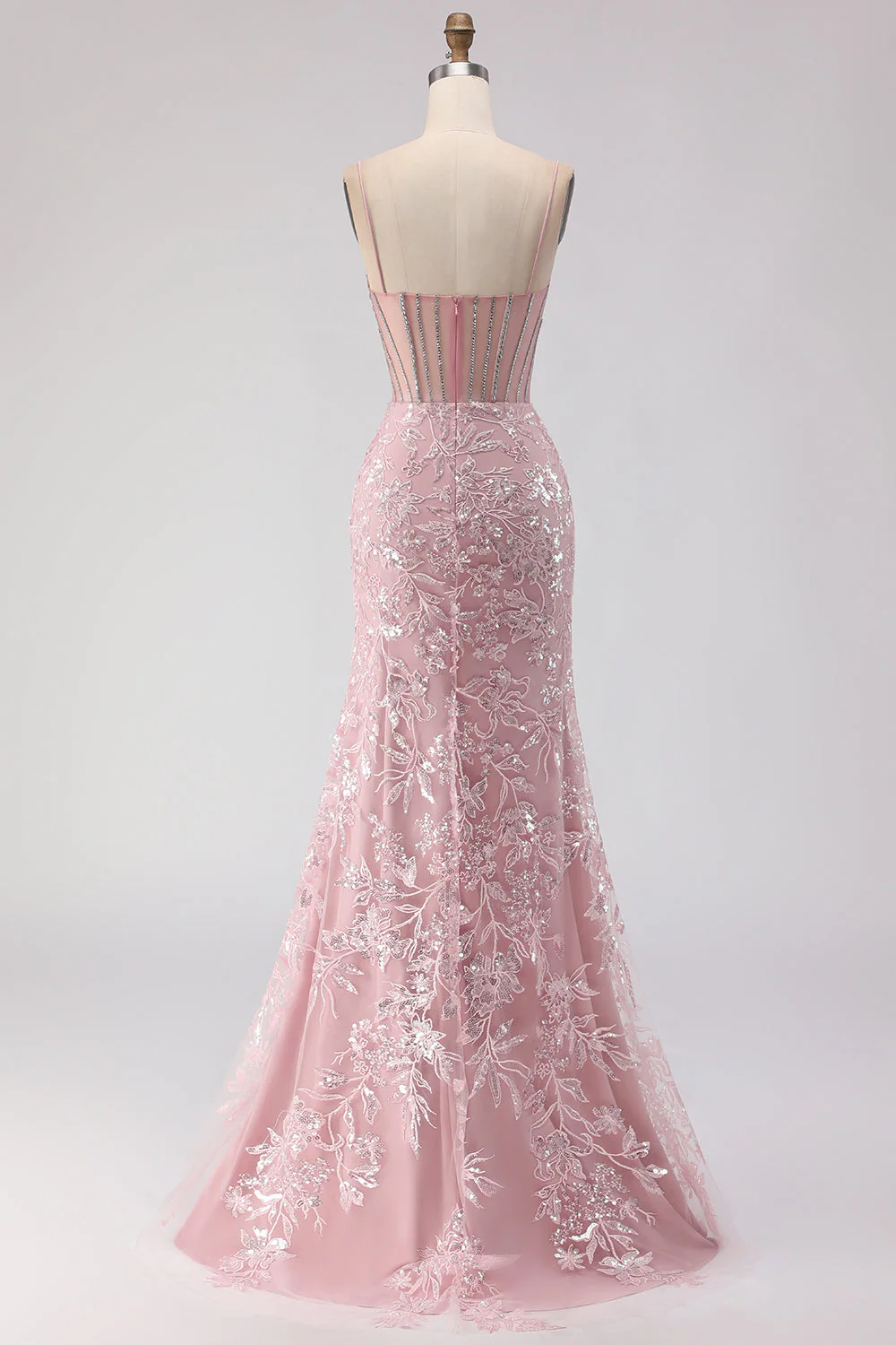 Sparkly Blush Mermaid Beaded Corset Long Prom Dress with Sequins - Image 2