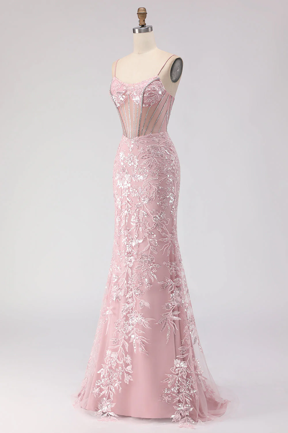 Sparkly Blush Mermaid Beaded Corset Long Prom Dress with Sequins - Image 3