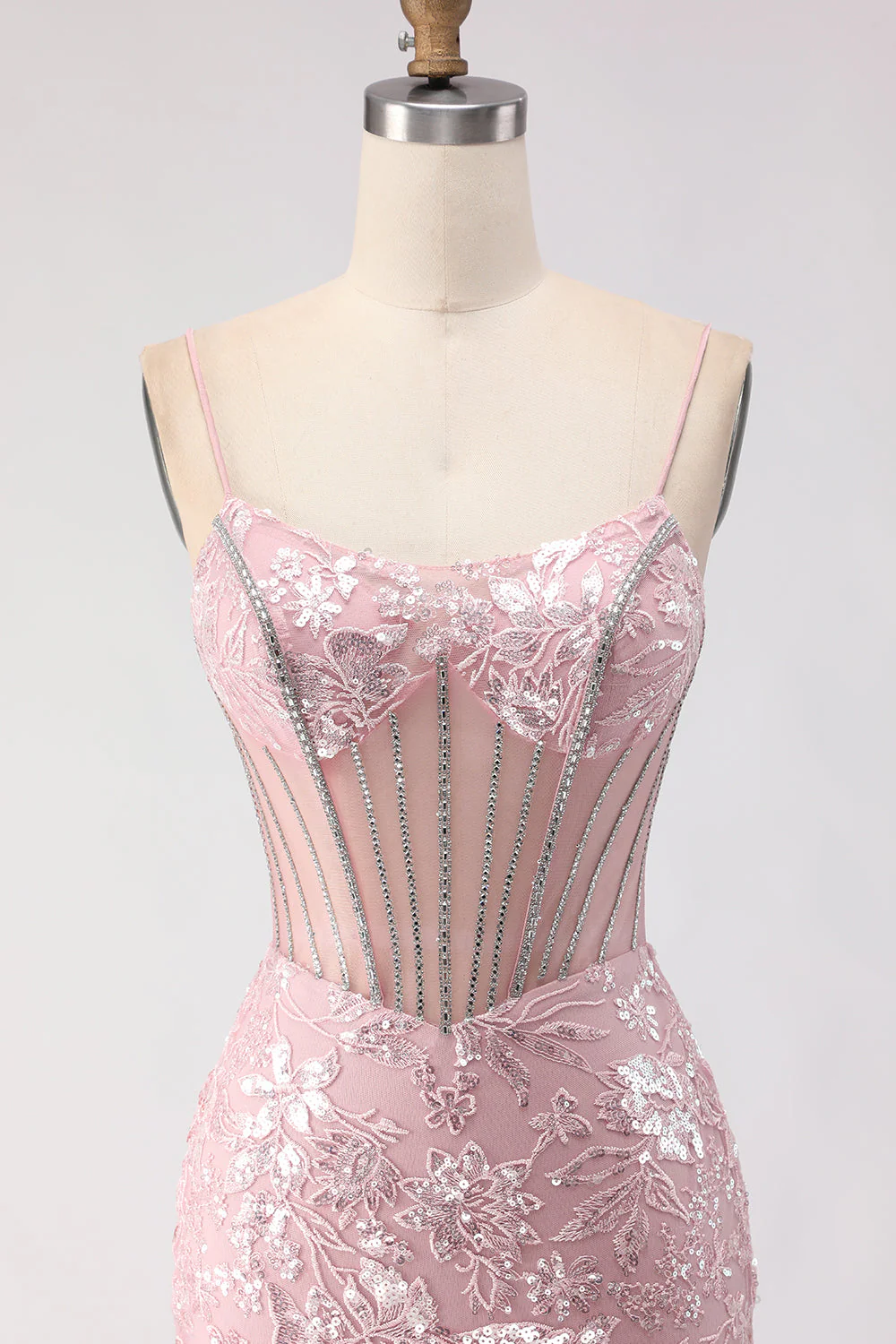 Sparkly Blush Mermaid Beaded Corset Long Prom Dress with Sequins - Image 4