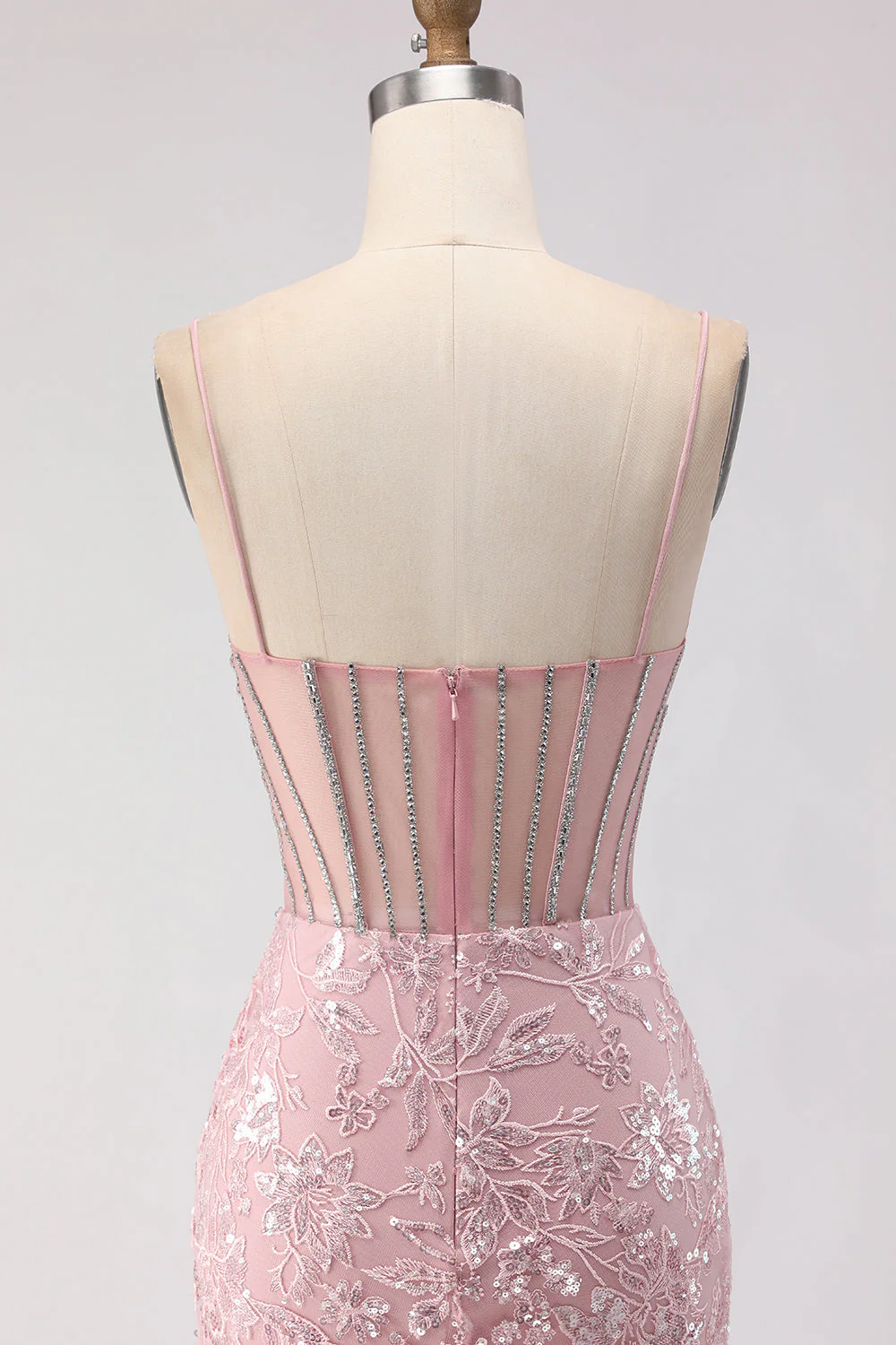 Sparkly Blush Mermaid Beaded Corset Long Prom Dress with Sequins - Image 5