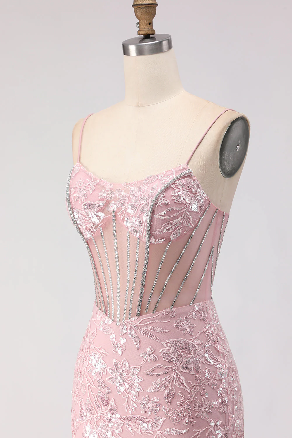 Sparkly Blush Mermaid Beaded Corset Long Prom Dress with Sequins - Image 6