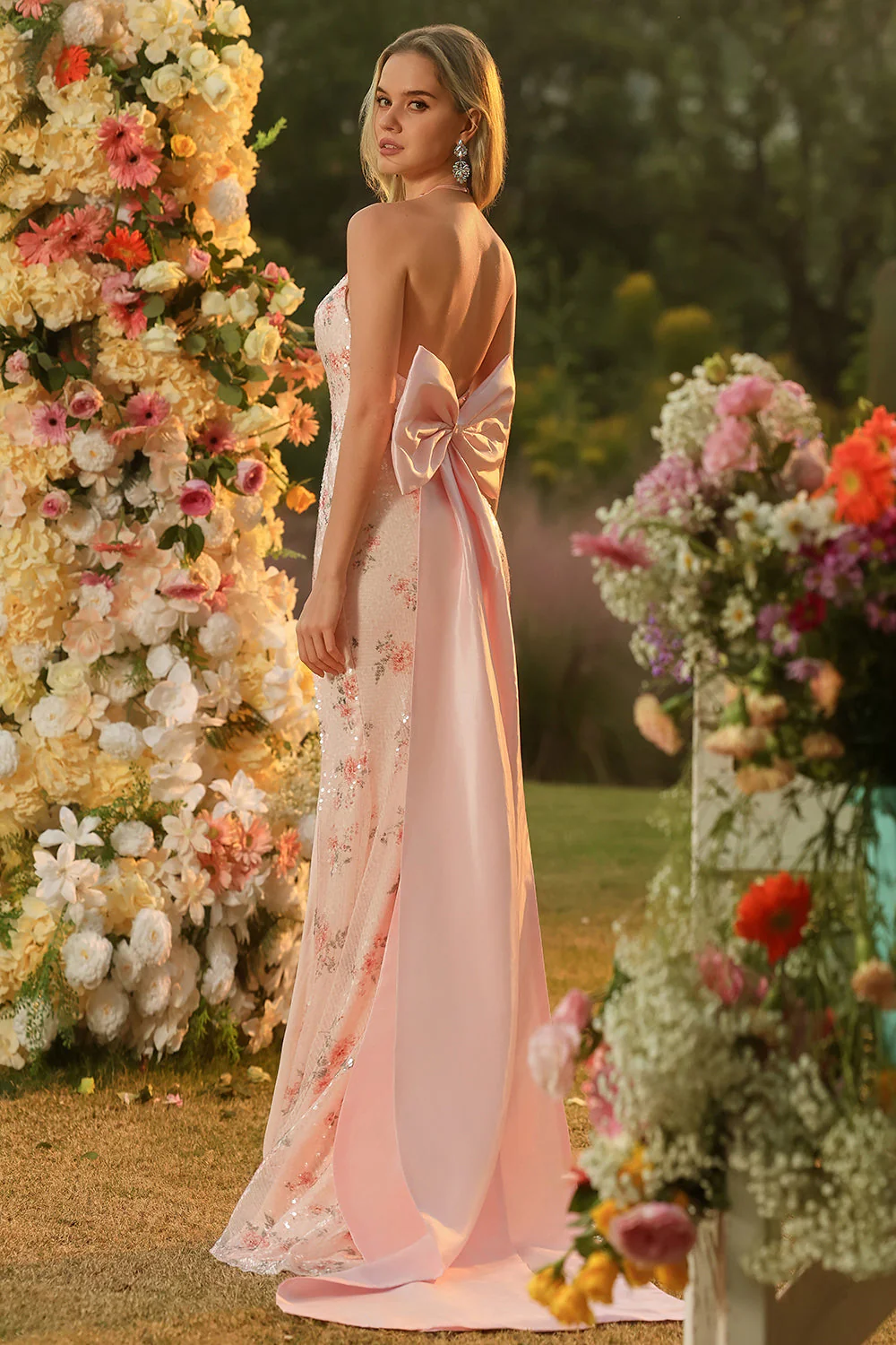Sparkly Blush Mermaid Halter Side Slit Sequin Long Prom Dress with Large Bow - Image 2