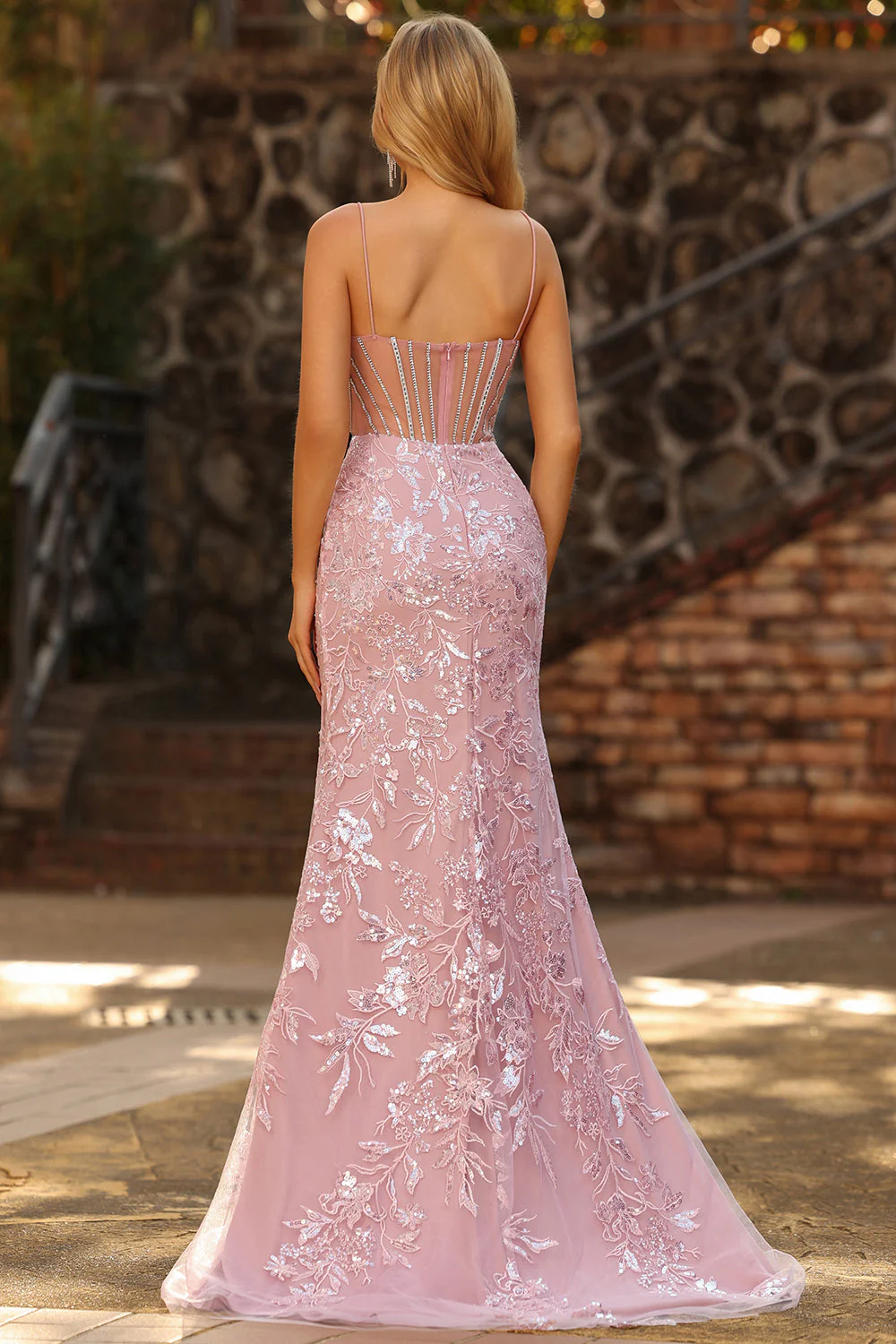 Sparkly Blush Mermaid Sheer Corset Beaded Long Prom Dress with Sequins - Image 2