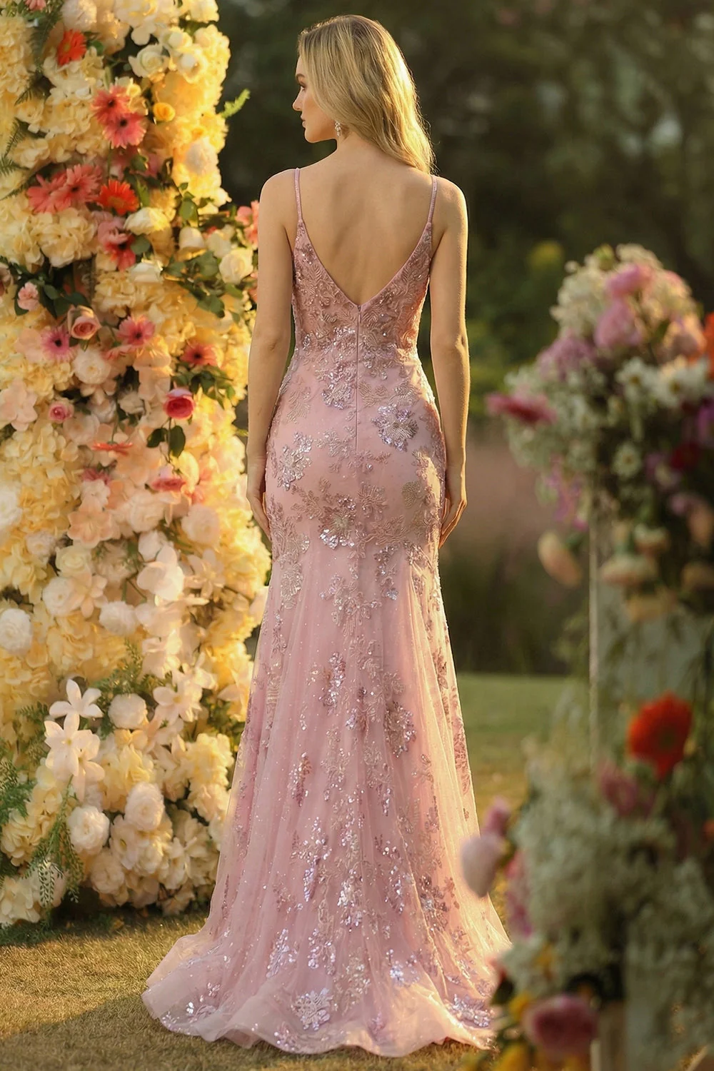 Sparkly Blush Mermaid Spaghetti Straps Long Prom Dress with Sequins - Image 2