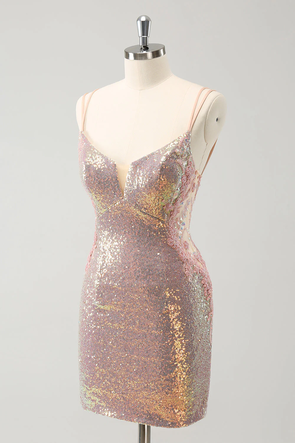 Sparkly Blush Spaghetti Straps Tight Short Graduation Dress with Lace-Up Back - Image 3
