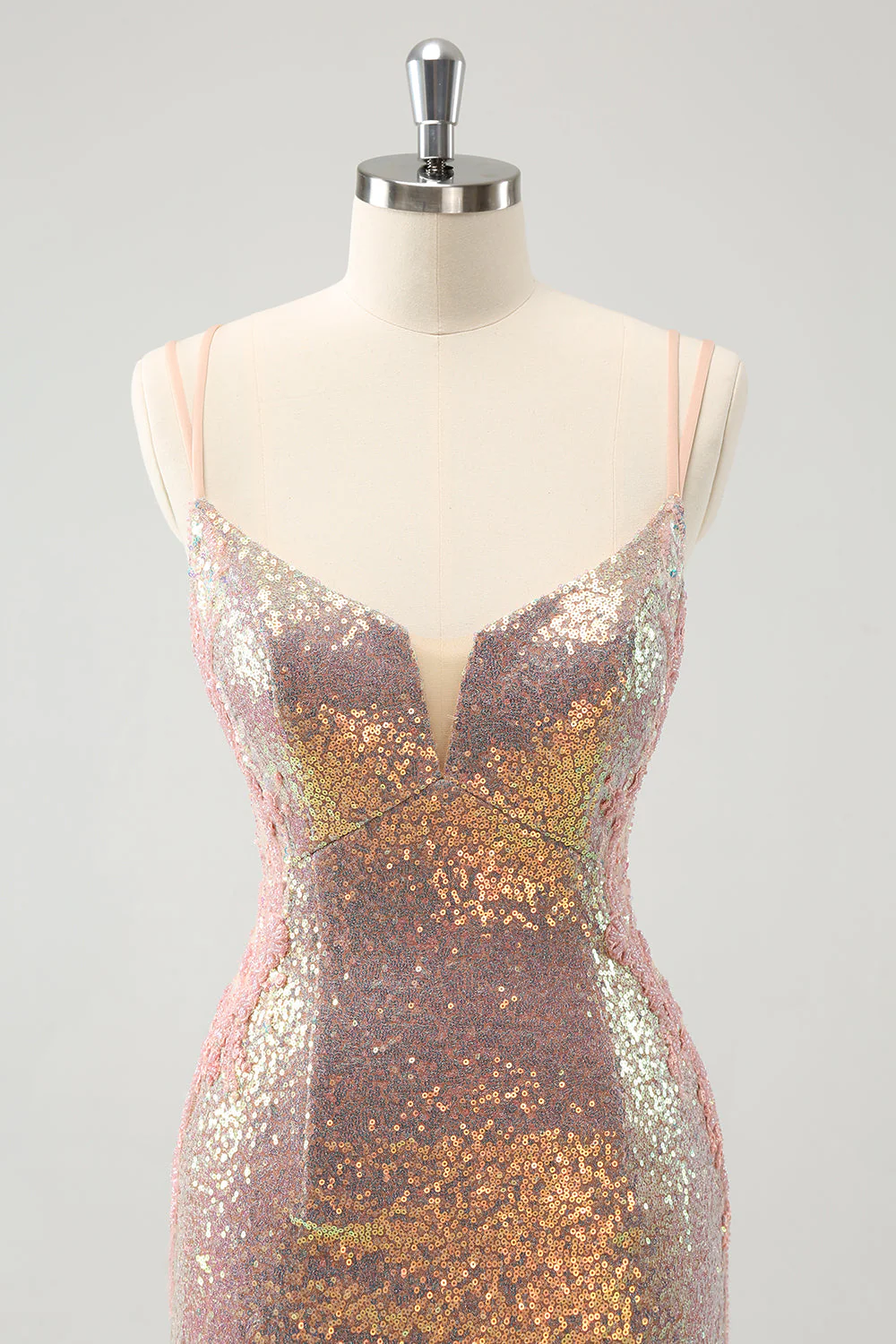 Sparkly Blush Spaghetti Straps Tight Short Graduation Dress with Lace-Up Back - Image 4
