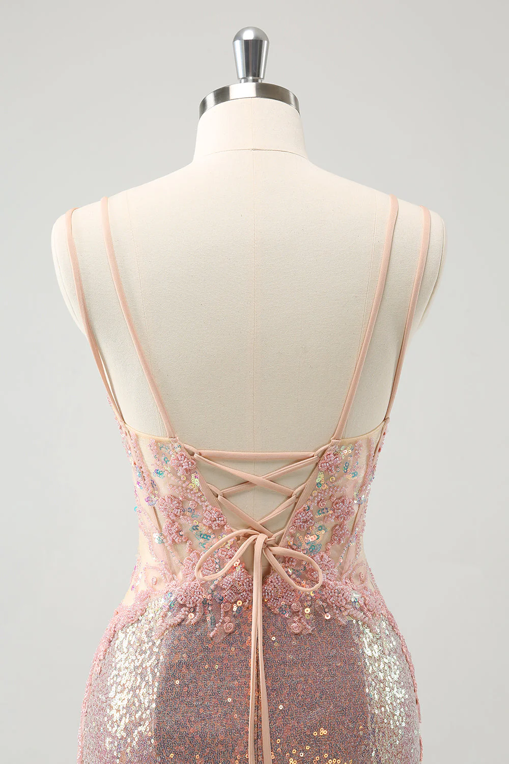 Sparkly Blush Spaghetti Straps Tight Short Graduation Dress with Lace-Up Back - Image 5