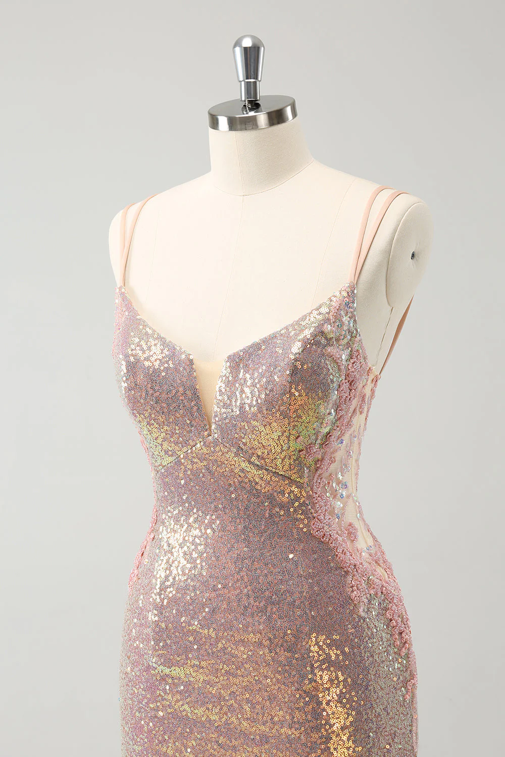 Sparkly Blush Spaghetti Straps Tight Short Graduation Dress with Lace-Up Back - Image 6