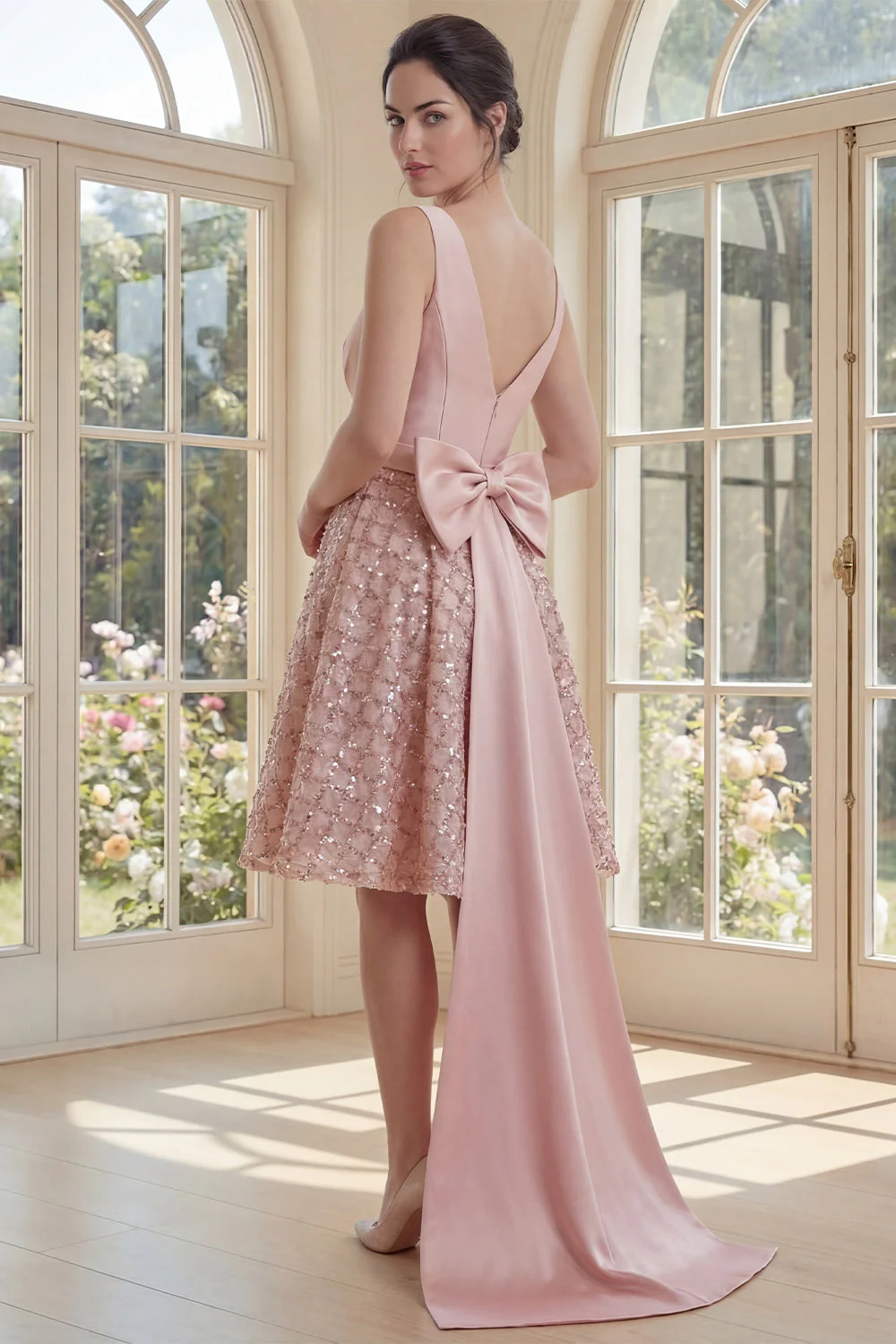 Sparkly Blush A Line V Neck Sequin Midi Dress with Large Bow - Image 2