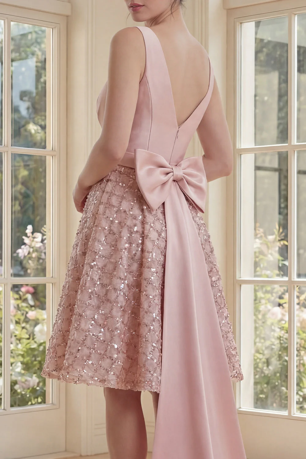 Sparkly Blush A Line V Neck Sequin Midi Dress with Large Bow - Image 4