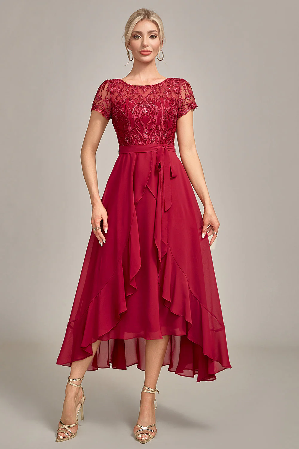 Sparkly Burgundy A-Line Sequin Choir Dress with Ruffles - Image 2