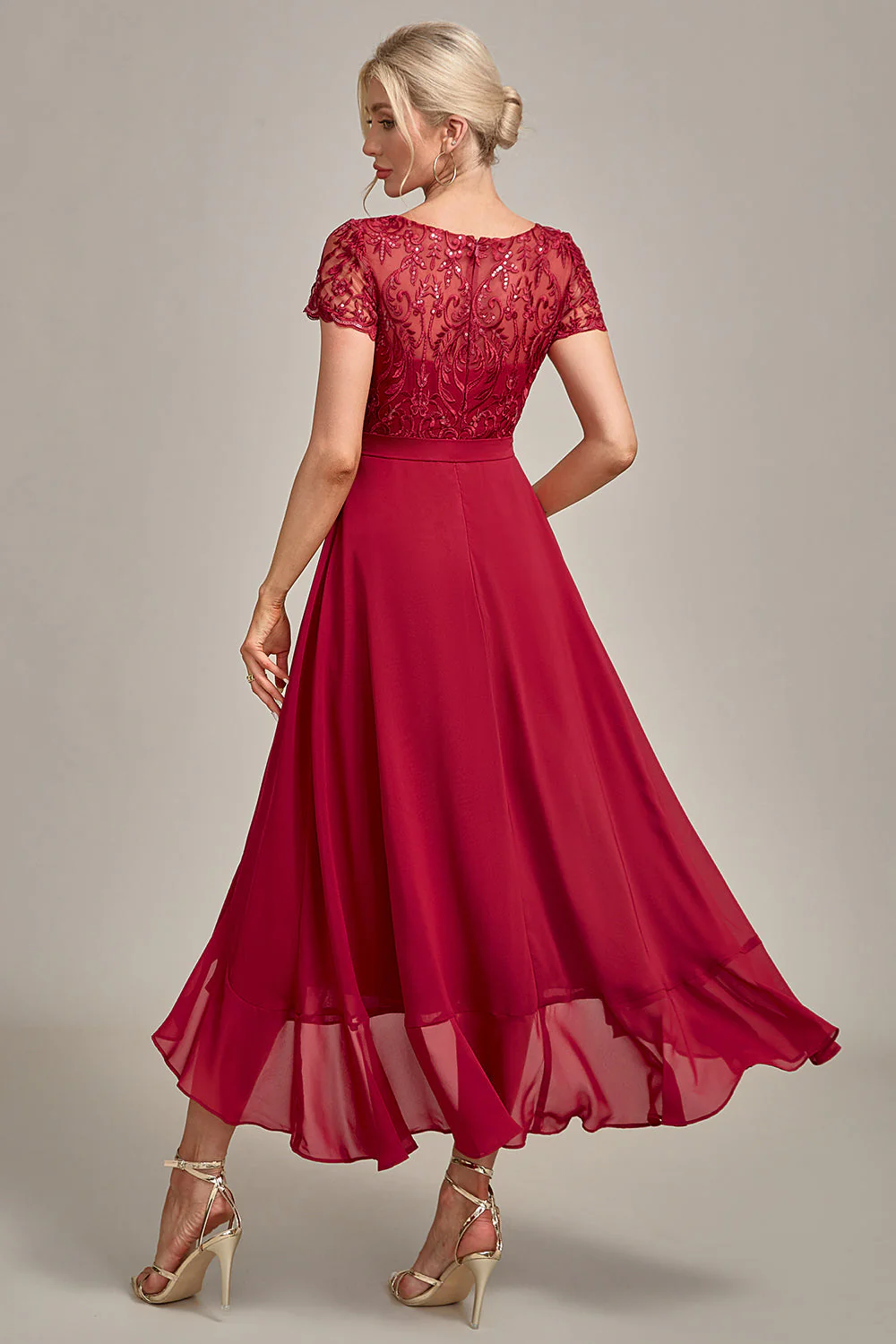 Sparkly Burgundy A-Line Sequin Choir Dress with Ruffles - Image 3