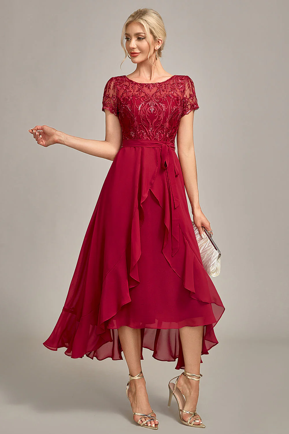 Sparkly Burgundy A-Line Sequin Choir Dress with Ruffles - Image 4