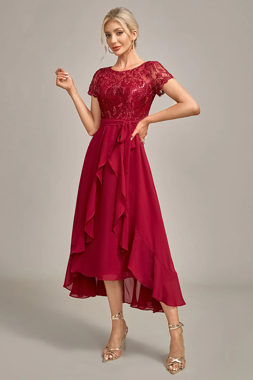 Sparkly Burgundy A-Line Sequin Choir Dress with Ruffles - Image 5