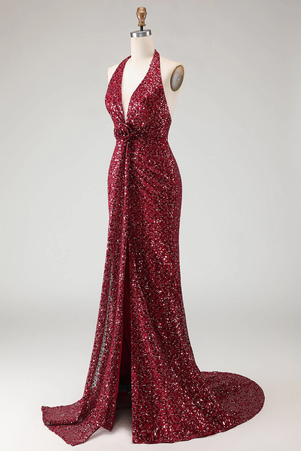 Sparkly Burgundy Halter Mermaid Sequins Long Prom Dress with Slit - Image 3