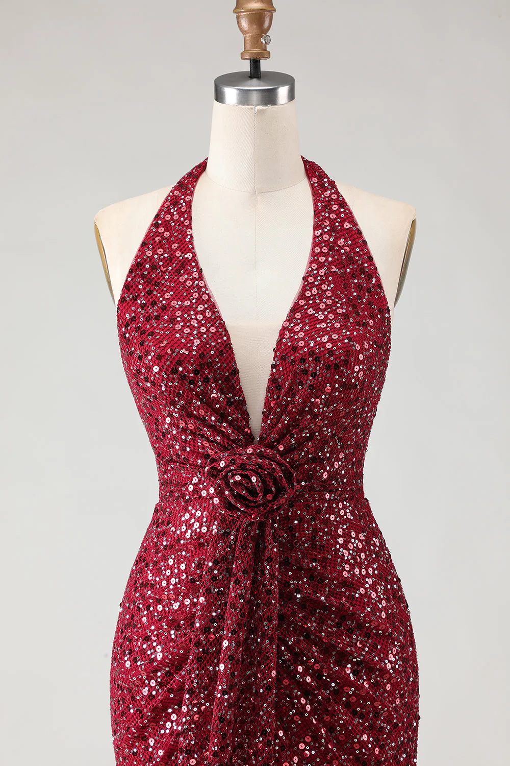 Sparkly Burgundy Halter Mermaid Sequins Long Prom Dress with Slit - Image 4