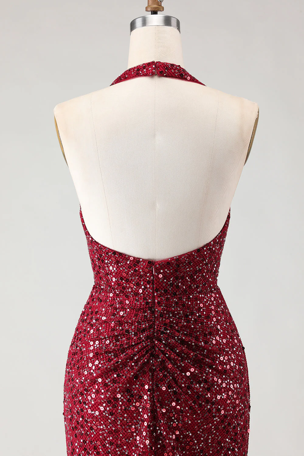 Sparkly Burgundy Halter Mermaid Sequins Long Prom Dress with Slit - Image 5