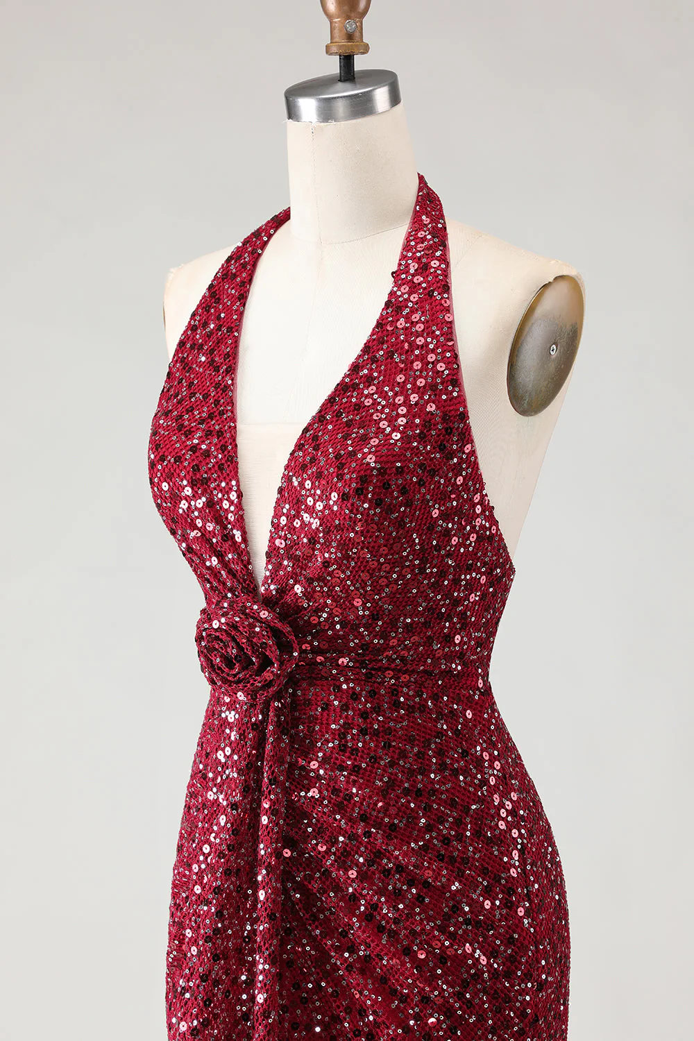 Sparkly Burgundy Halter Mermaid Sequins Long Prom Dress with Slit - Image 6