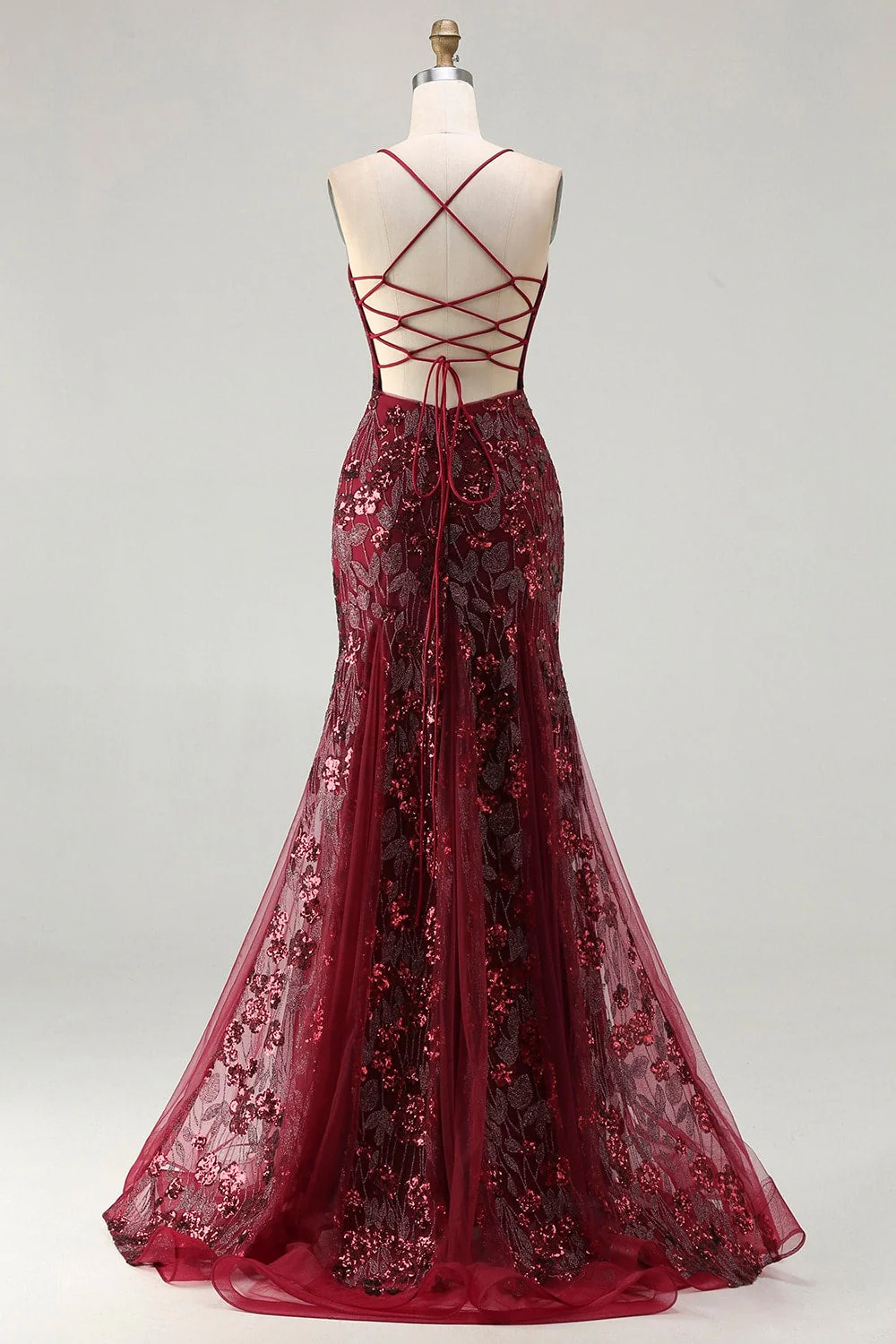 Sparkly Burgundy Mermaid Appliqued Long Prom Dress with Sequins - Image 2