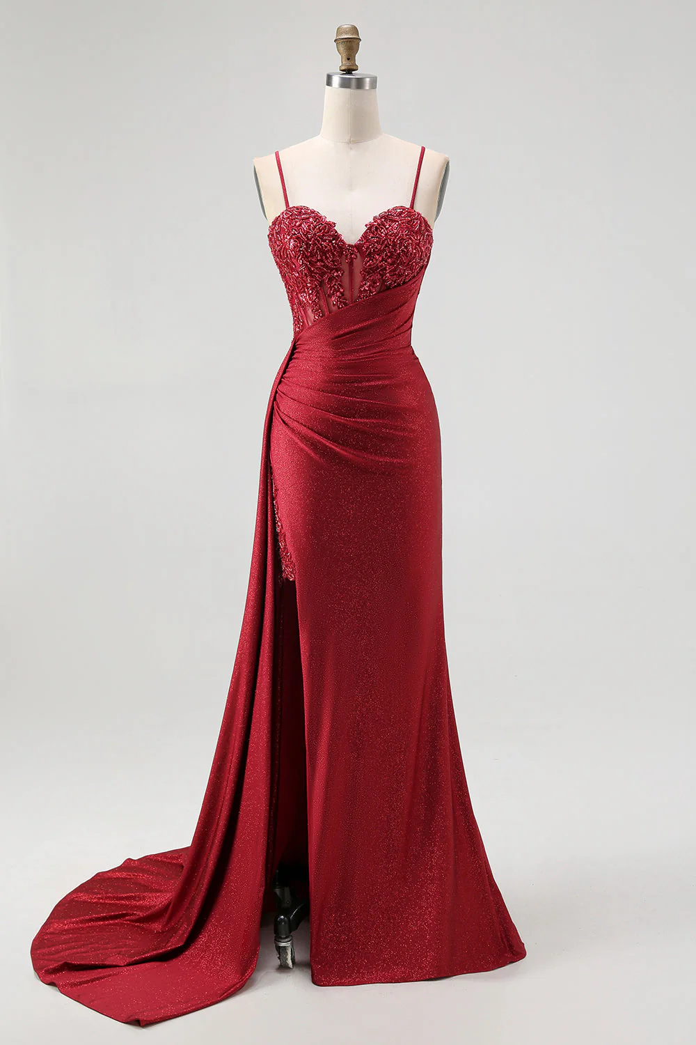 Sparkly Burgundy Mermaid Corset Sequin Long Prom Dress with Beading - Image 8