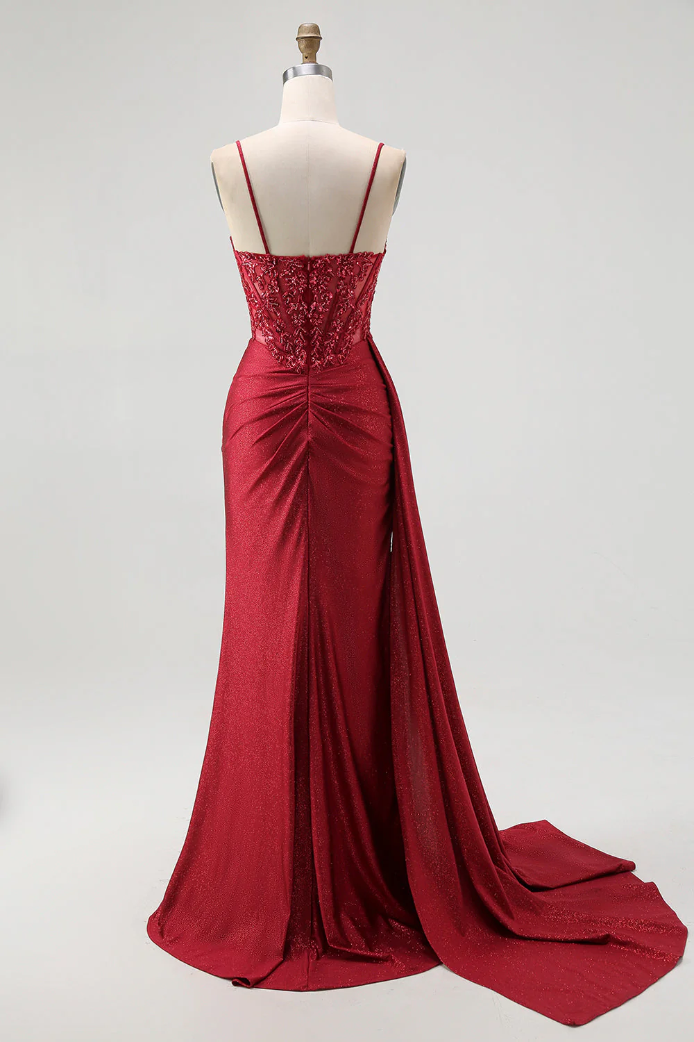 Sparkly Burgundy Mermaid Corset Sequin Long Prom Dress with Beading - Image 9