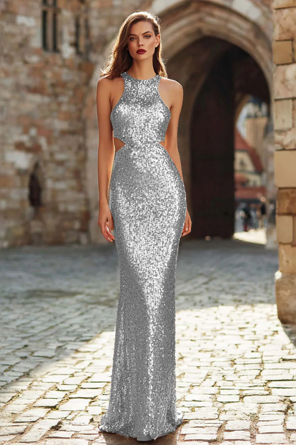 Sparkly Burgundy Mermaid Cut Out Holiday Party Dress - Image 4