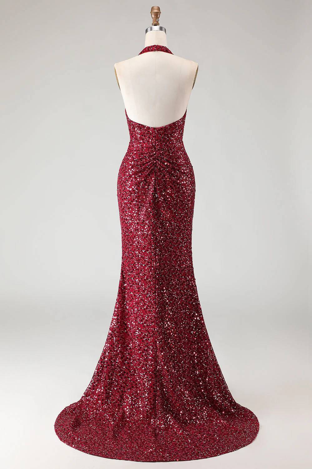 Sparkly Burgundy Mermaid Halter Sequin Long Prom Dress with Slit - Image 10