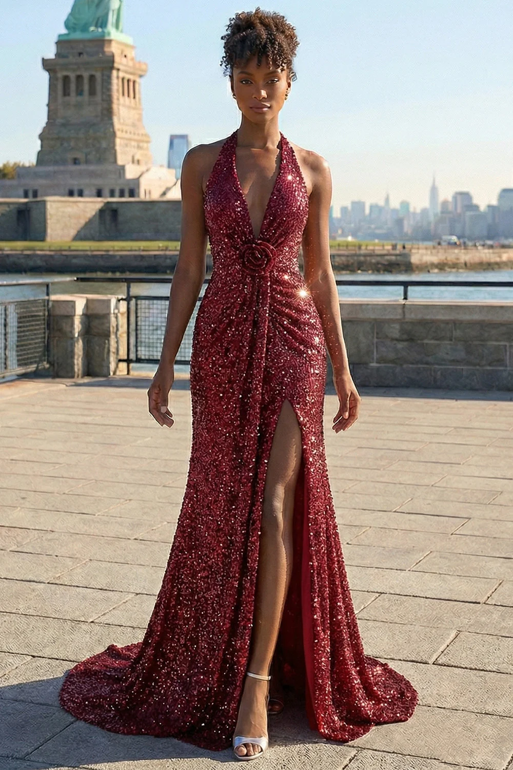 Sparkly Burgundy Mermaid Halter Sequin Long Prom Dress with Slit - Image 3