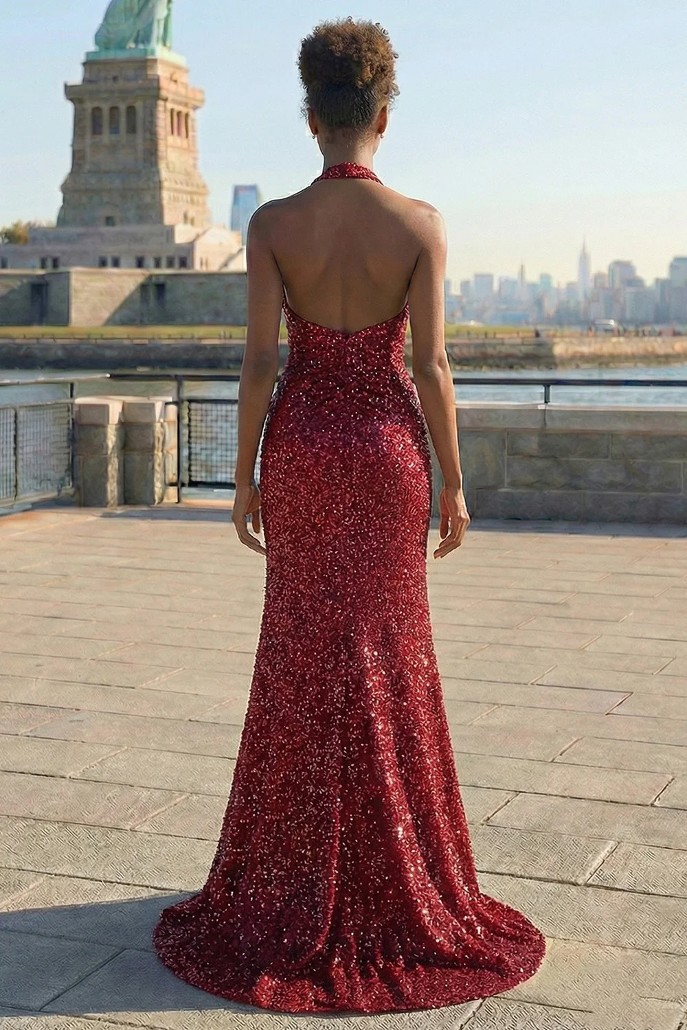 Sparkly Burgundy Mermaid Halter Sequin Long Prom Dress with Slit - Image 4