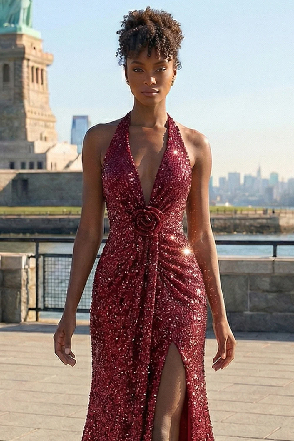 Sparkly Burgundy Mermaid Halter Sequin Long Prom Dress with Slit - Image 5