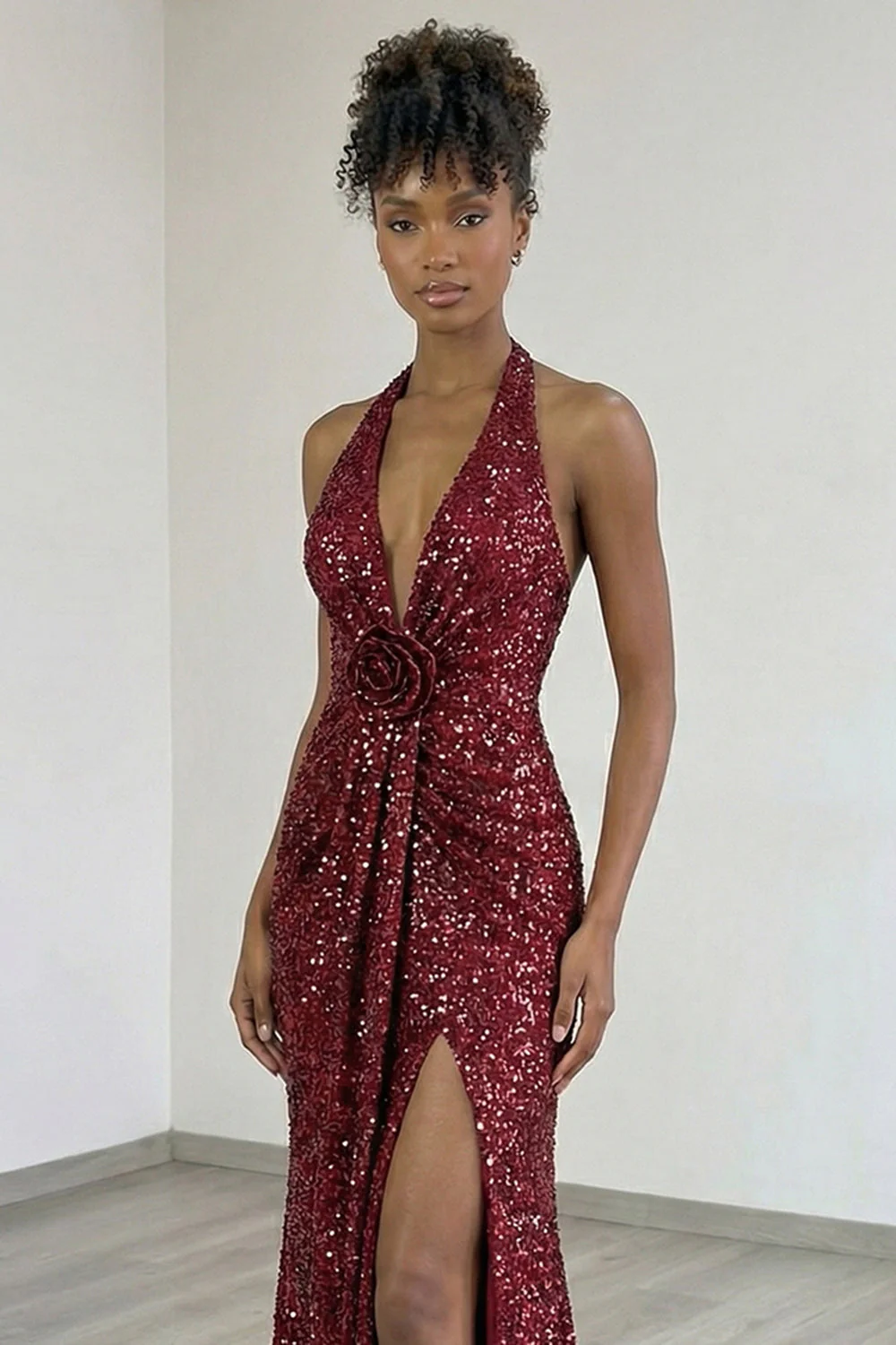 Sparkly Burgundy Mermaid Halter Sequin Long Prom Dress with Slit - Image 6