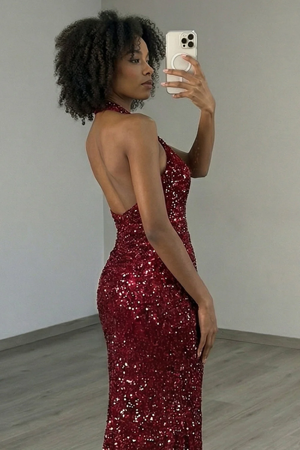 Sparkly Burgundy Mermaid Halter Sequin Long Prom Dress with Slit - Image 7