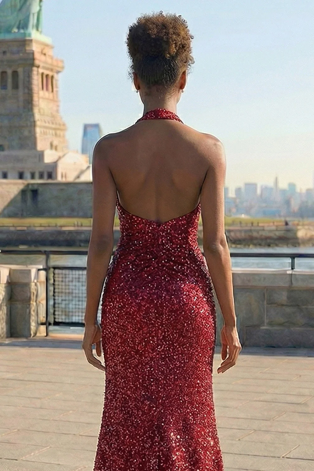 Sparkly Burgundy Mermaid Halter Sequin Long Prom Dress with Slit - Image 8