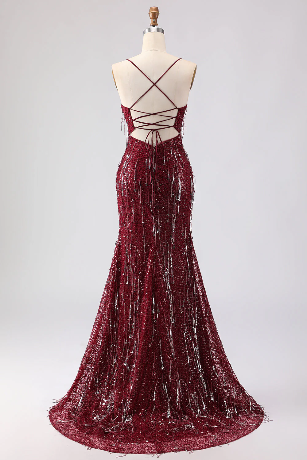 Sparkly Burgundy Mermaid Sequins Lace Up Back Long Prom Dress with Slit - Image 2