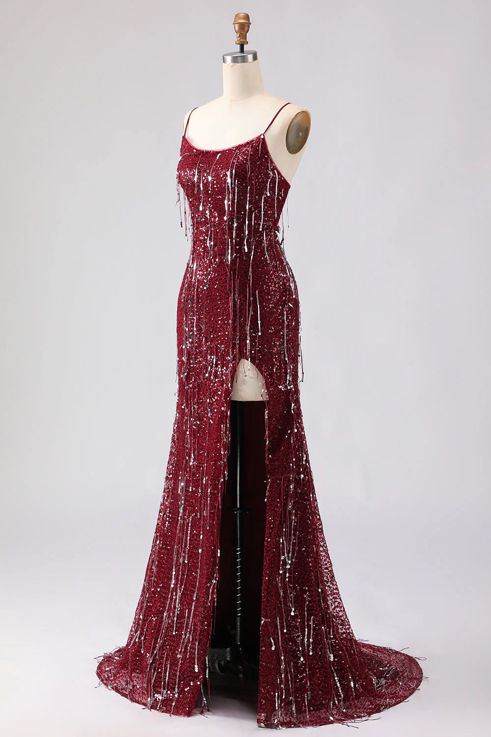 Sparkly Burgundy Mermaid Sequins Lace Up Back Long Prom Dress with Slit - Image 3