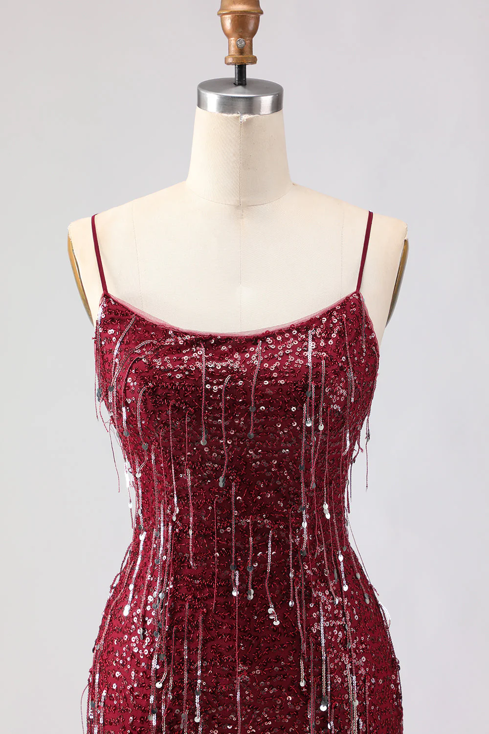 Sparkly Burgundy Mermaid Sequins Lace Up Back Long Prom Dress with Slit - Image 4