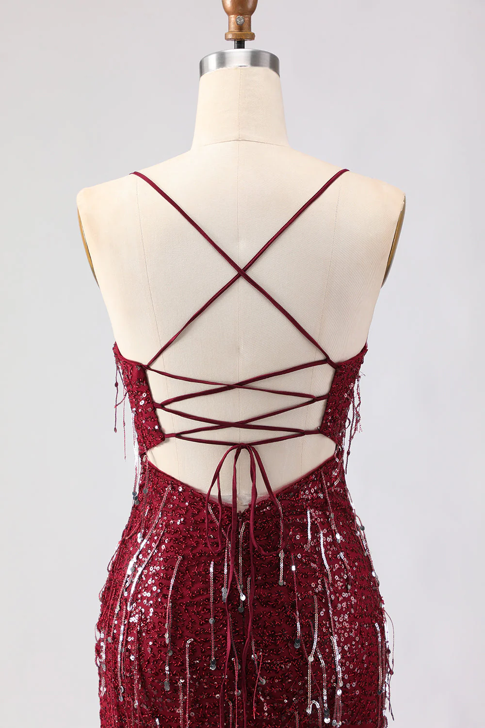 Sparkly Burgundy Mermaid Sequins Lace Up Back Long Prom Dress with Slit - Image 5