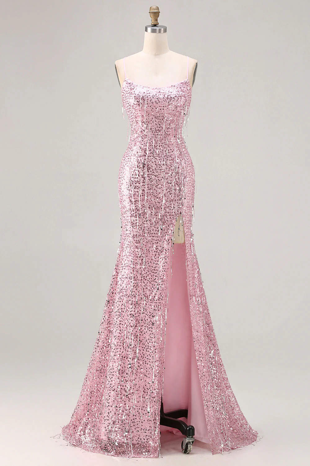 Sparkly Burgundy Mermaid Sequins Lace Up Back Long Prom Dress with Slit - Image 7