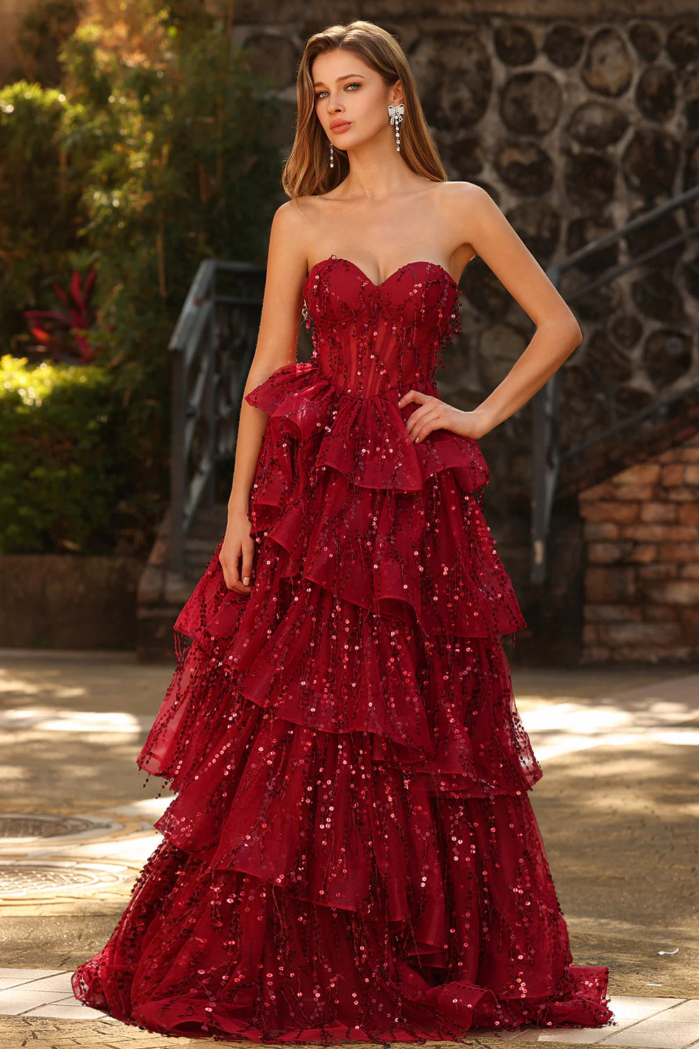 Sparkly Burgundy Princess Sweetheart Fringed Long Sequin Prom Dress with Ruffles - Image 4