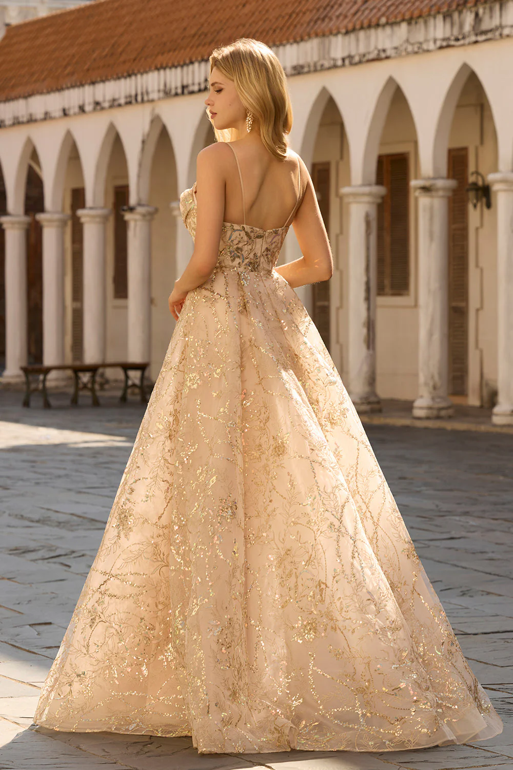 Sparkly Champagne A-Line Corset Long Tulle Prom Dress with Sequins - Image 2