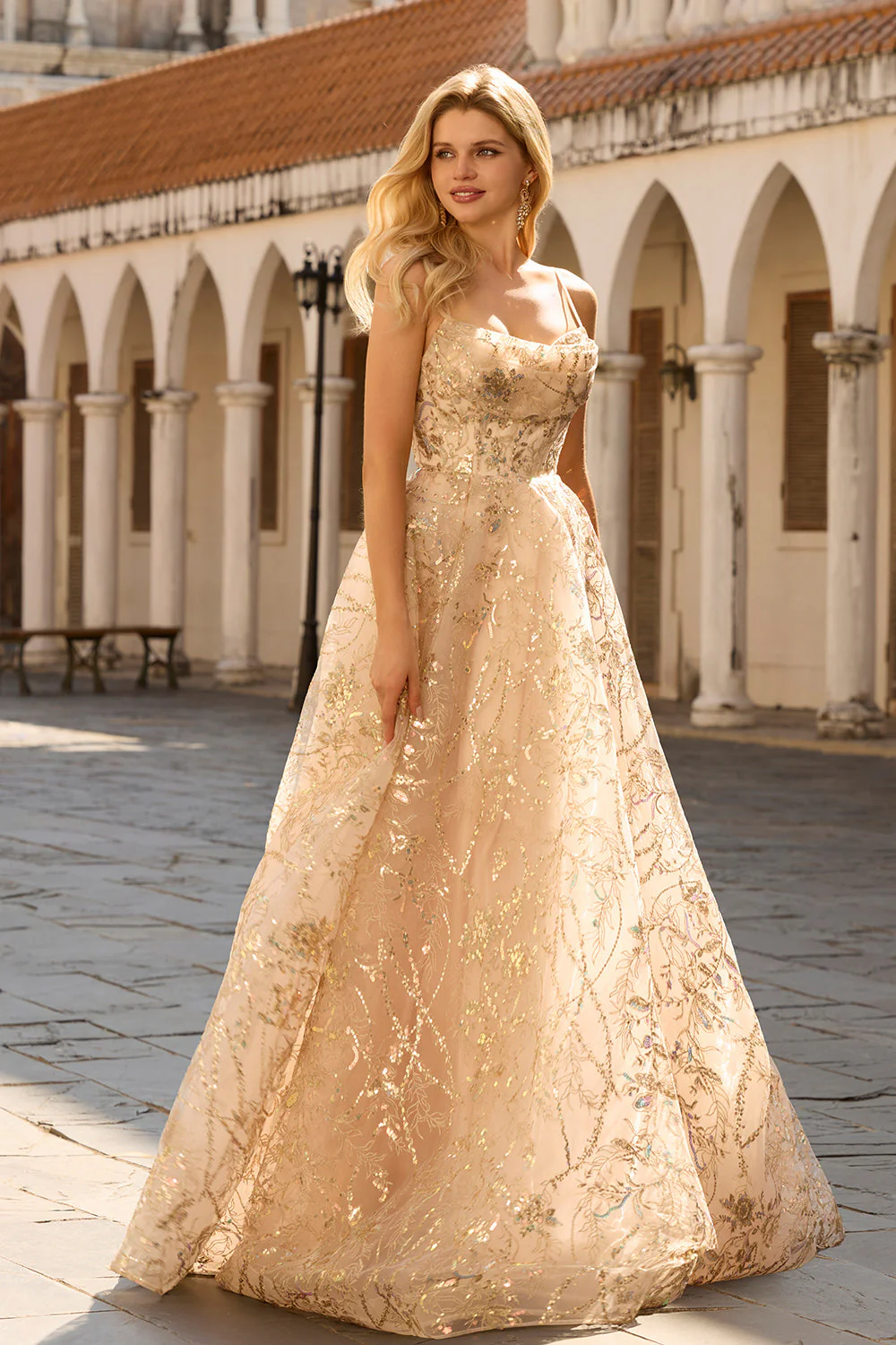 Sparkly Champagne A-Line Corset Long Tulle Prom Dress with Sequins - Image 3