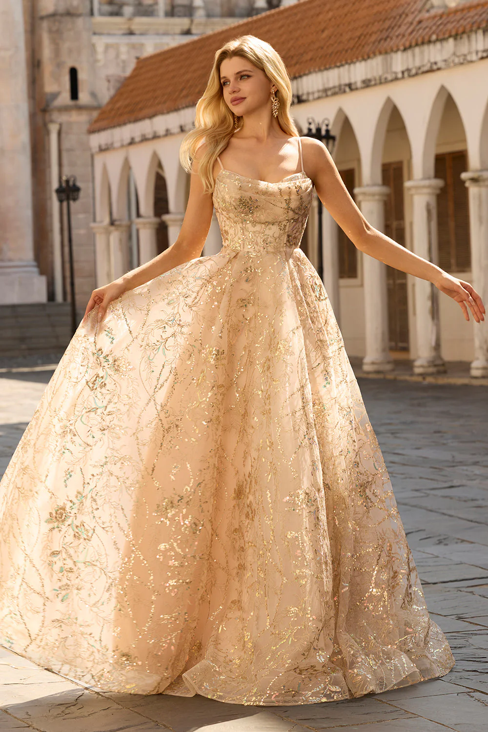 Sparkly Champagne A-Line Corset Long Tulle Prom Dress with Sequins - Image 4