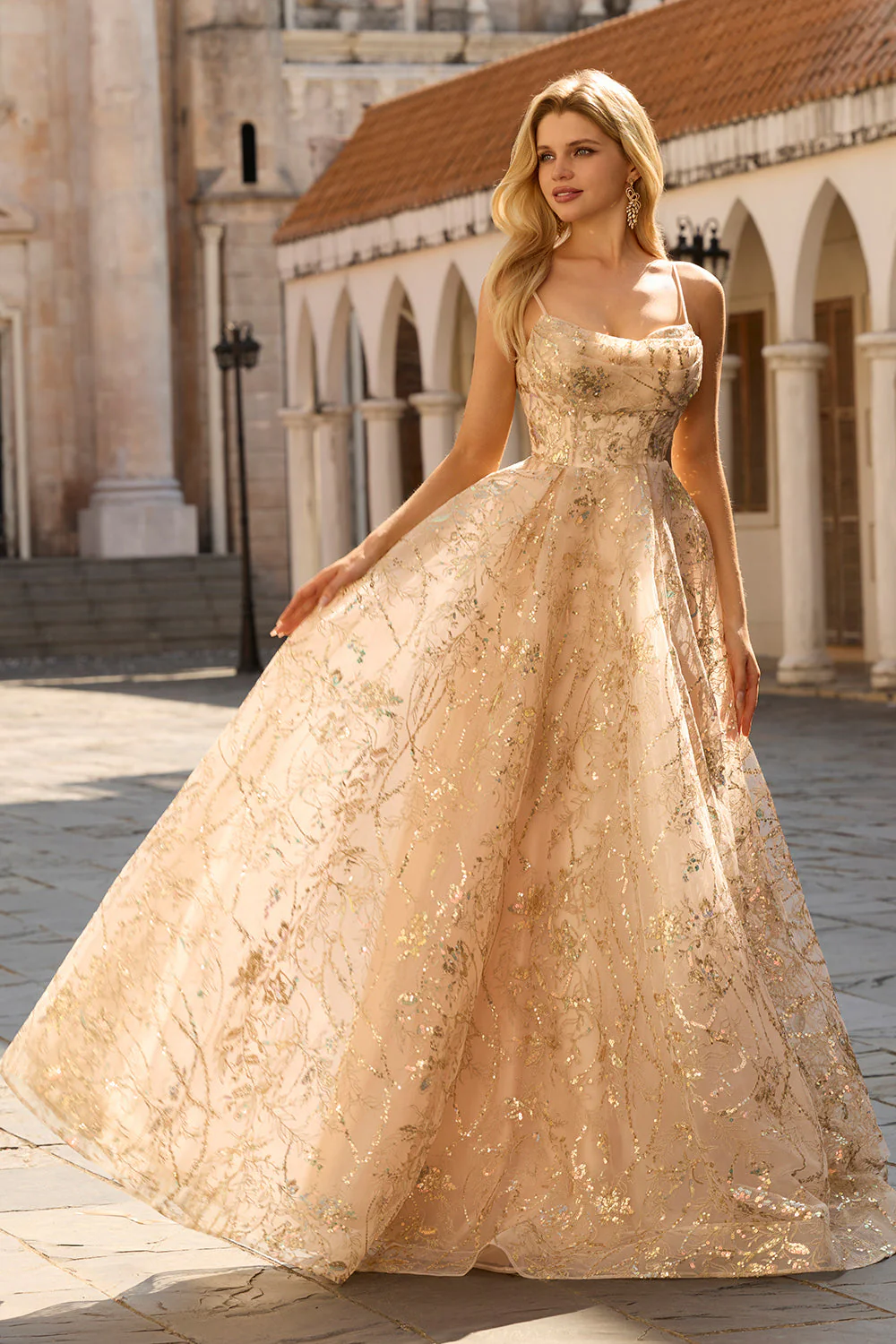 Sparkly Champagne A-Line Corset Long Tulle Prom Dress with Sequins - Image 5