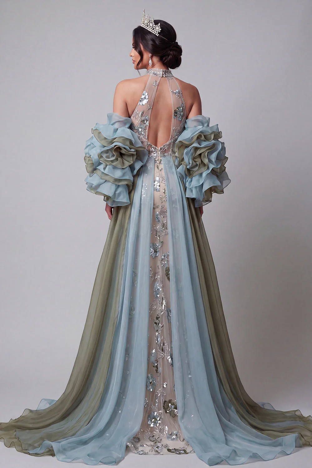 Champagne Mermaid Halter Sheer Ruffled Long Evening Dress with Cape - Image 2