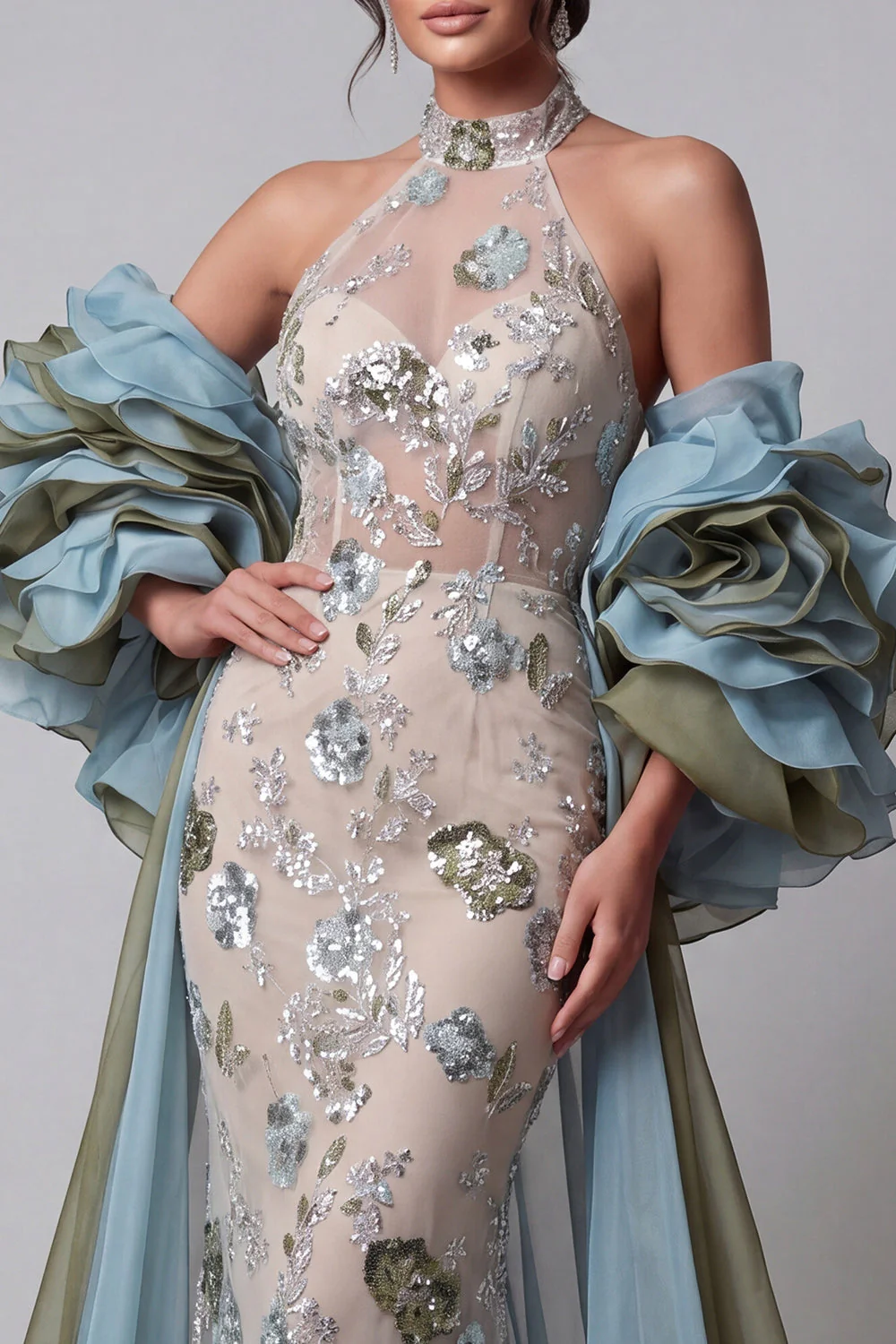 Champagne Mermaid Halter Sheer Ruffled Long Evening Dress with Cape - Image 3