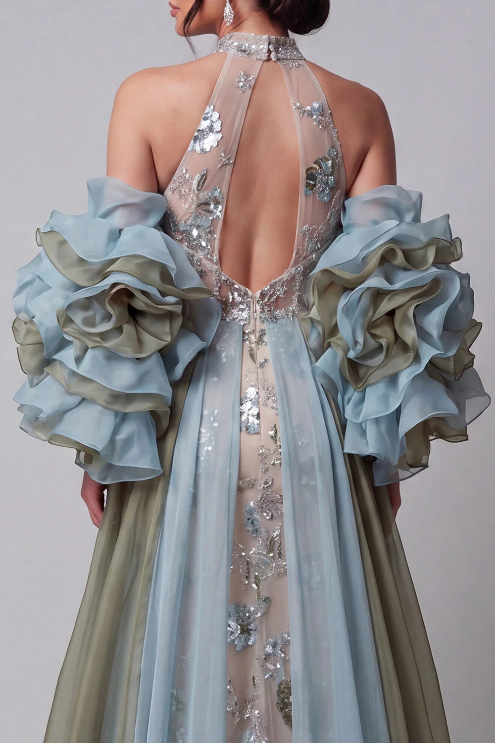 Champagne Mermaid Halter Sheer Ruffled Long Evening Dress with Cape - Image 4