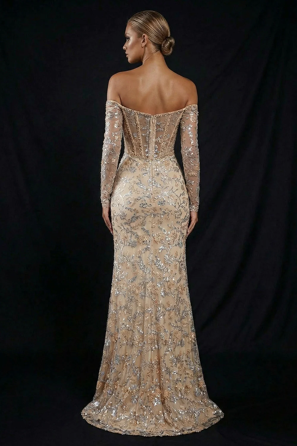 Champagne Off The Shoulder Sequins Corset Long Mermaid Evening Dress with Slit - Image 2