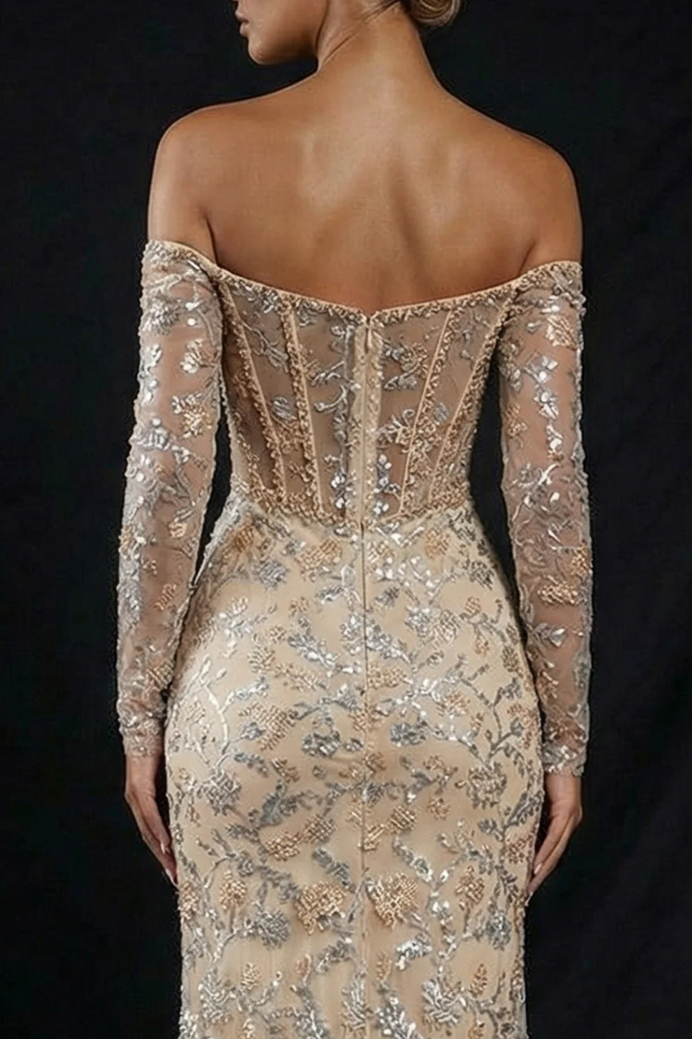 Champagne Off The Shoulder Sequins Corset Long Mermaid Evening Dress with Slit - Image 6