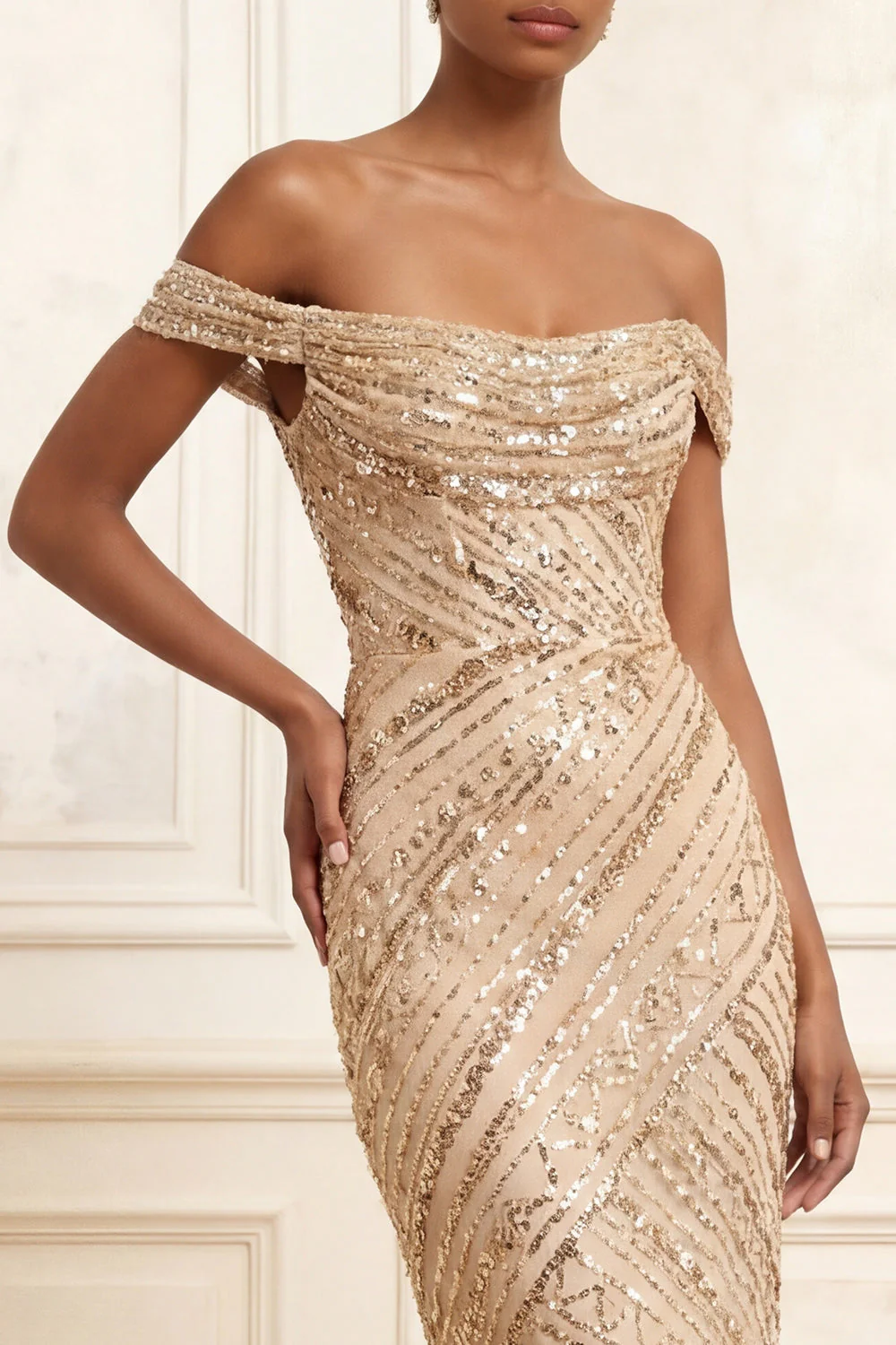 Sparkly Champagne Off the Shoulder Mermaid Sequin Long Prom Dress - Image 3