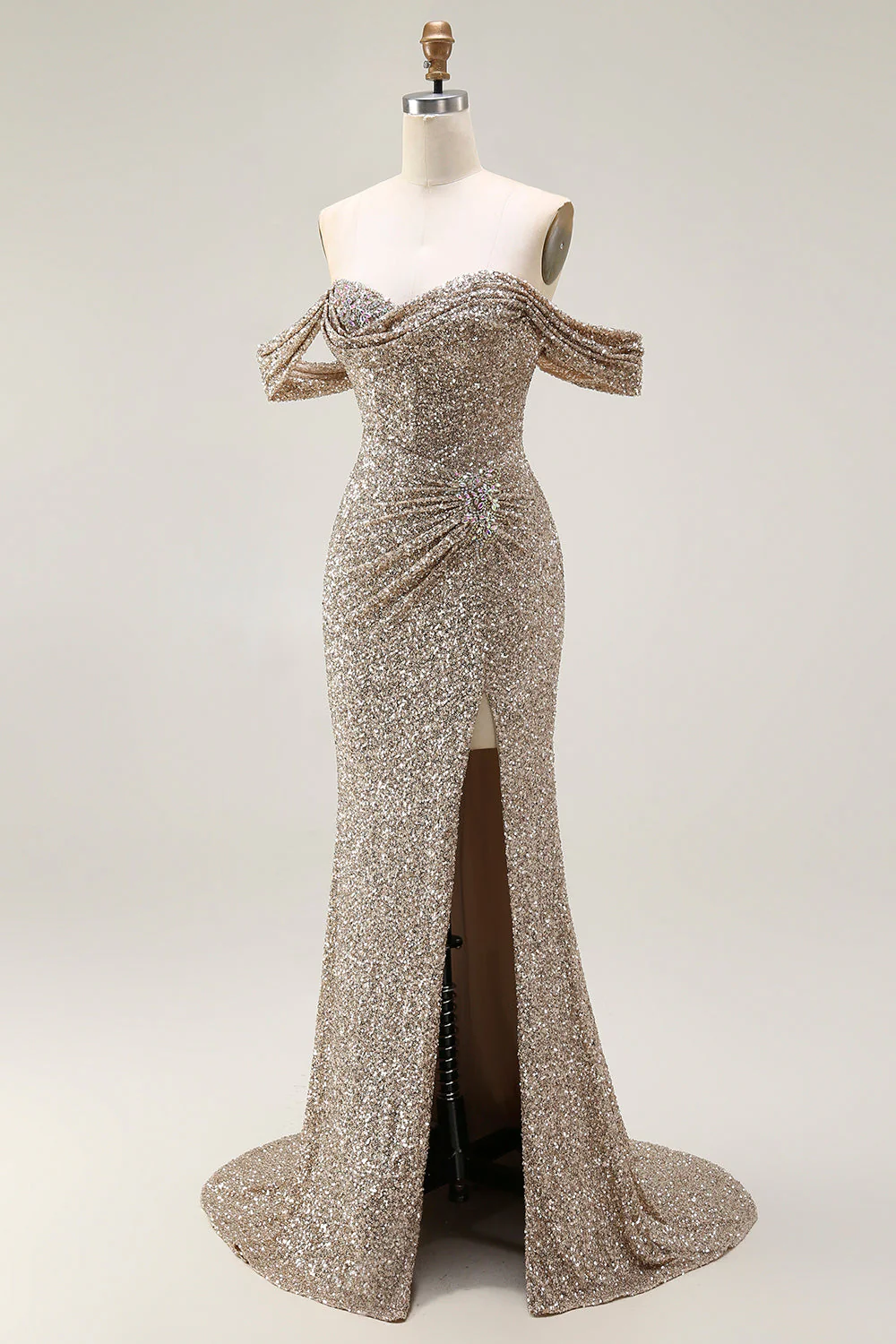 Sparkly Champagne Off the Shoulder Mermaid Sequins Long Prom Dress with Slit - Image 3